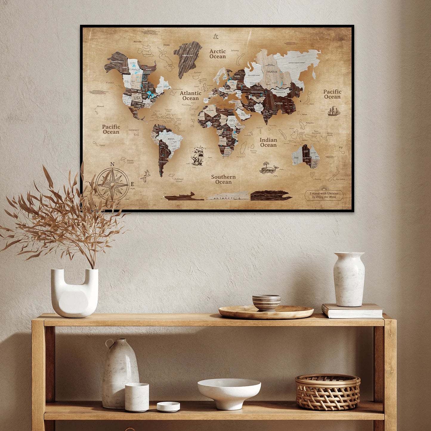 3D-Holzplatte Weltkarte Cappuccino Vintage