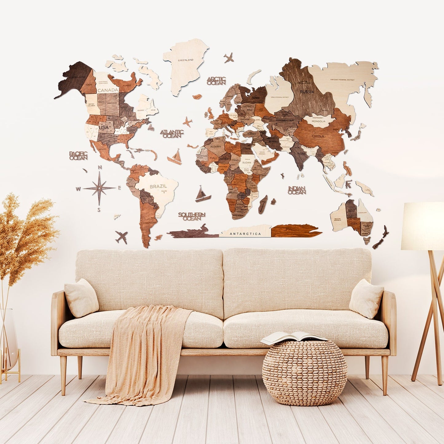 3D-Weltkarte aus Holz, mehrfarbig