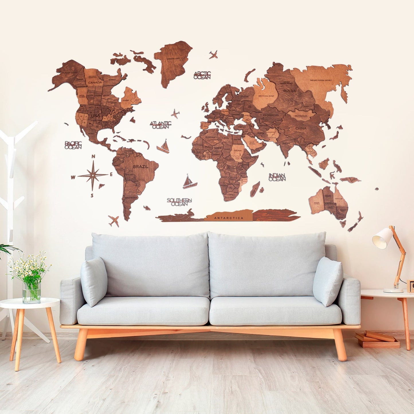 3D-Weltkarte aus Holz, Eiche