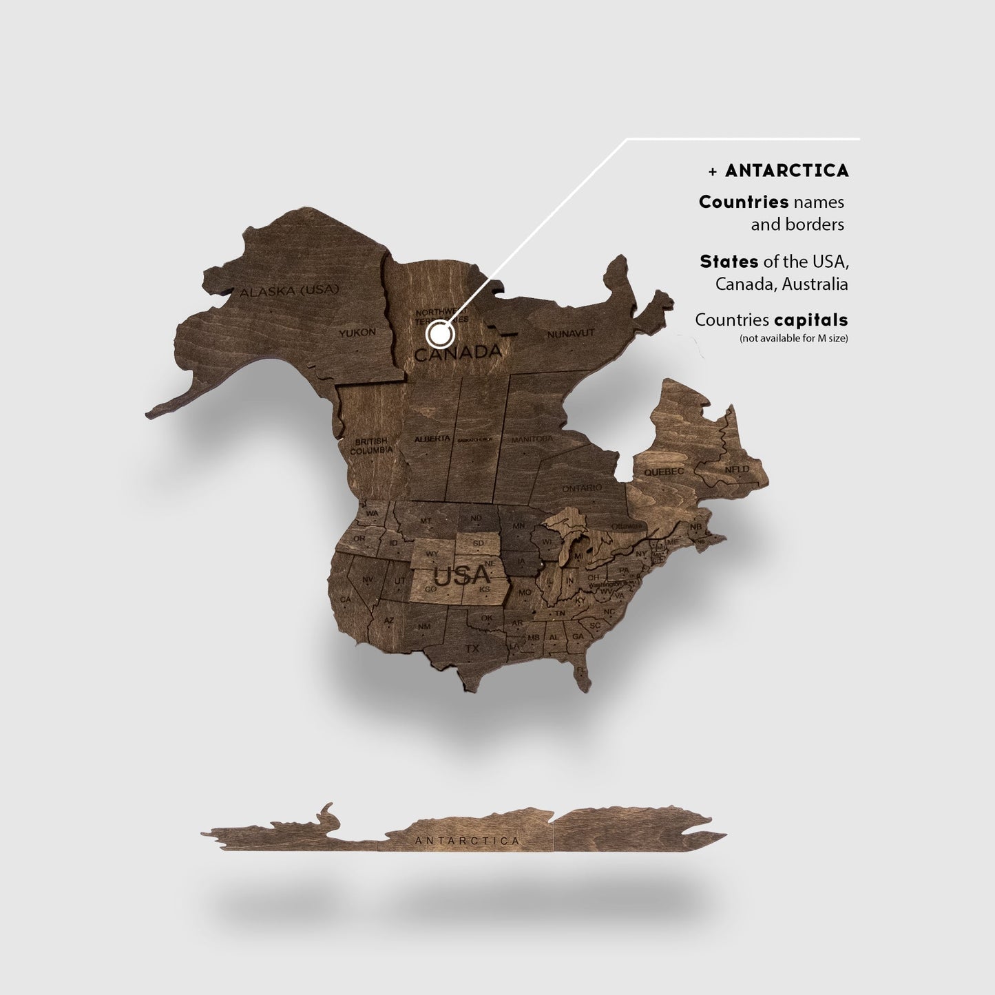 3D-Weltkarte aus Holz, dunkles Walnussholz