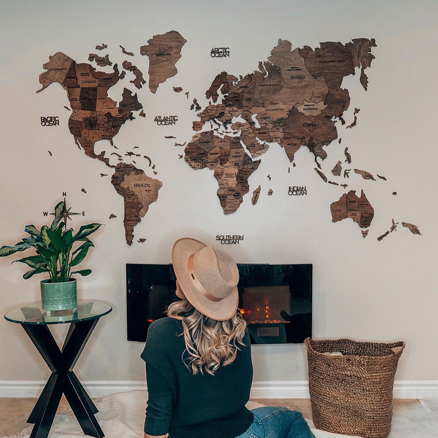 3D Wooden World Map Dark Walnut by EnjoyTheWood