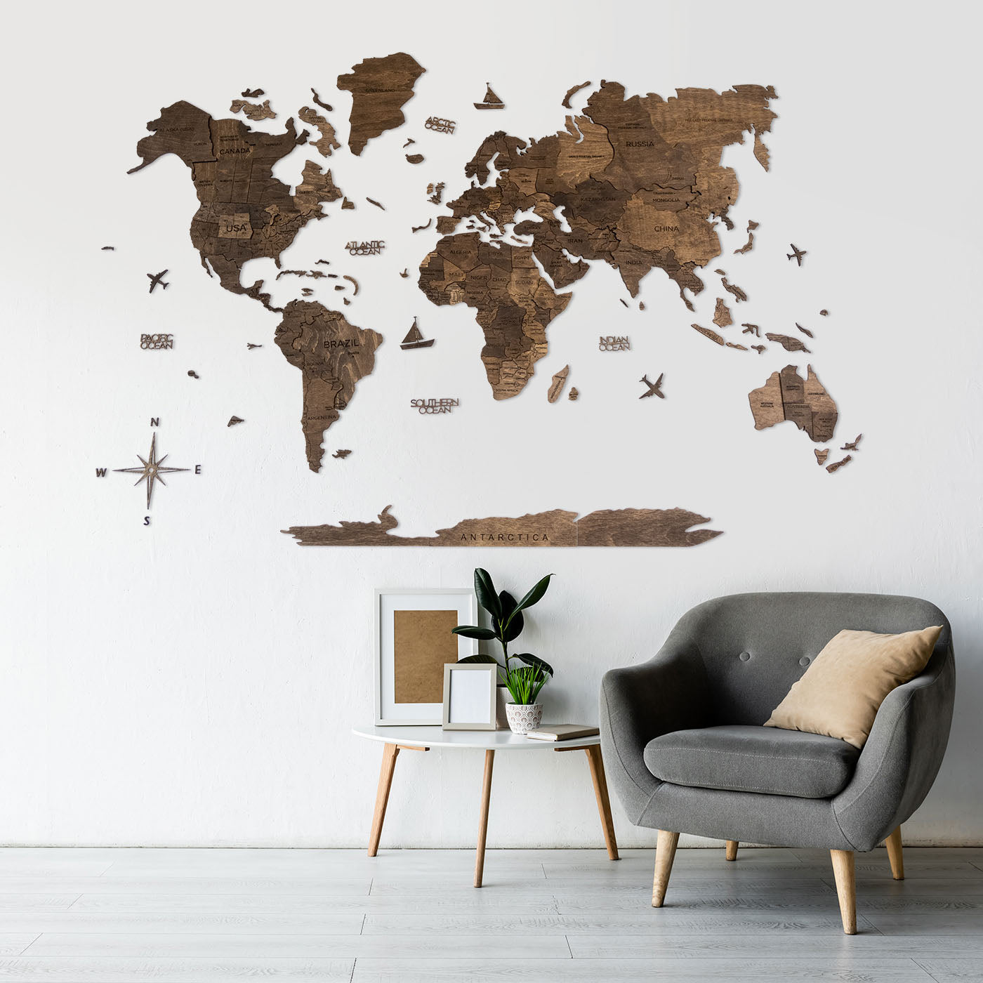 3D Wooden World Map Dark Walnut by EnjoyTheWood