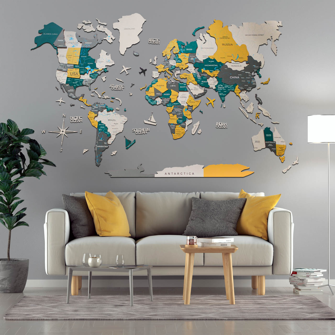 3D Wooden World Map Country